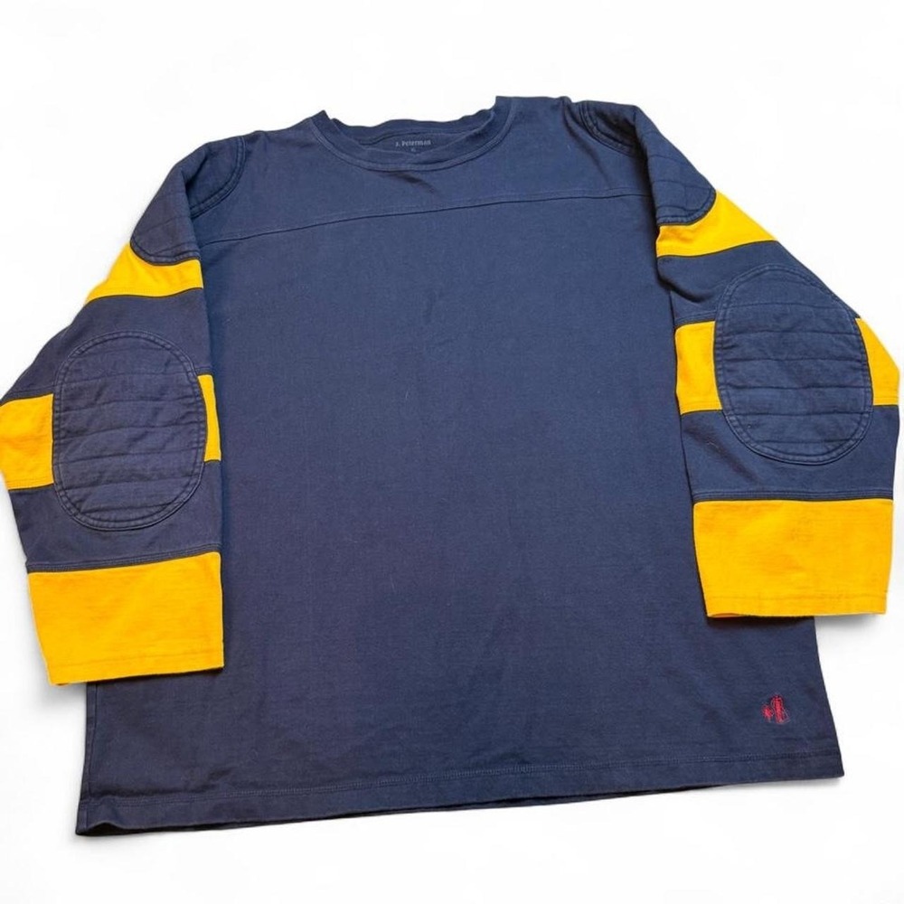 J Peterman Mens XL Navy Blue Yellow Rugby Long Sleeve Sweatshirt Elbow Patches